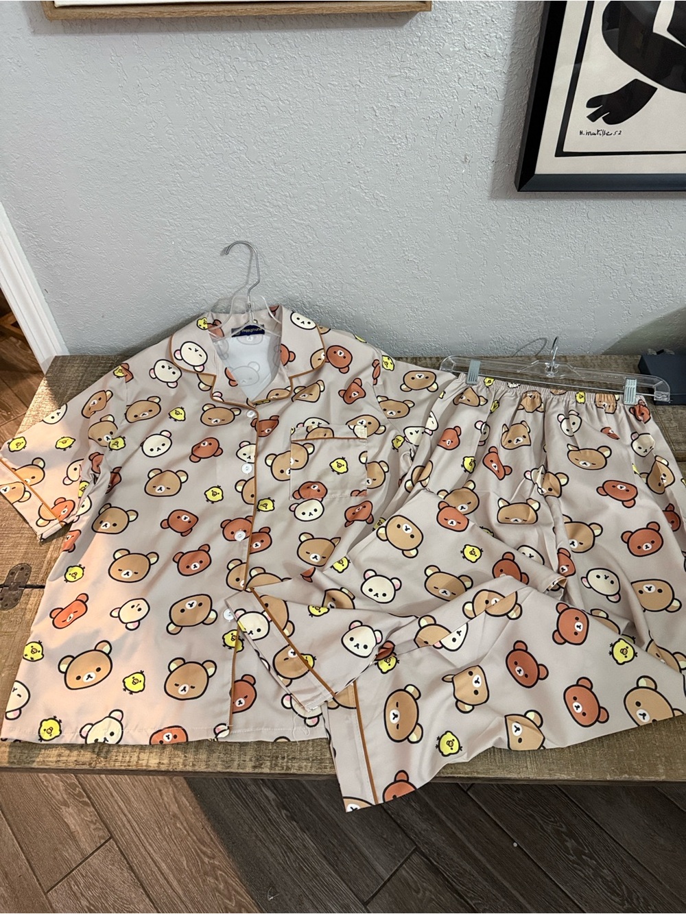 Beige Bear Print Pajama Set - Cute Short Sleeve and Pants